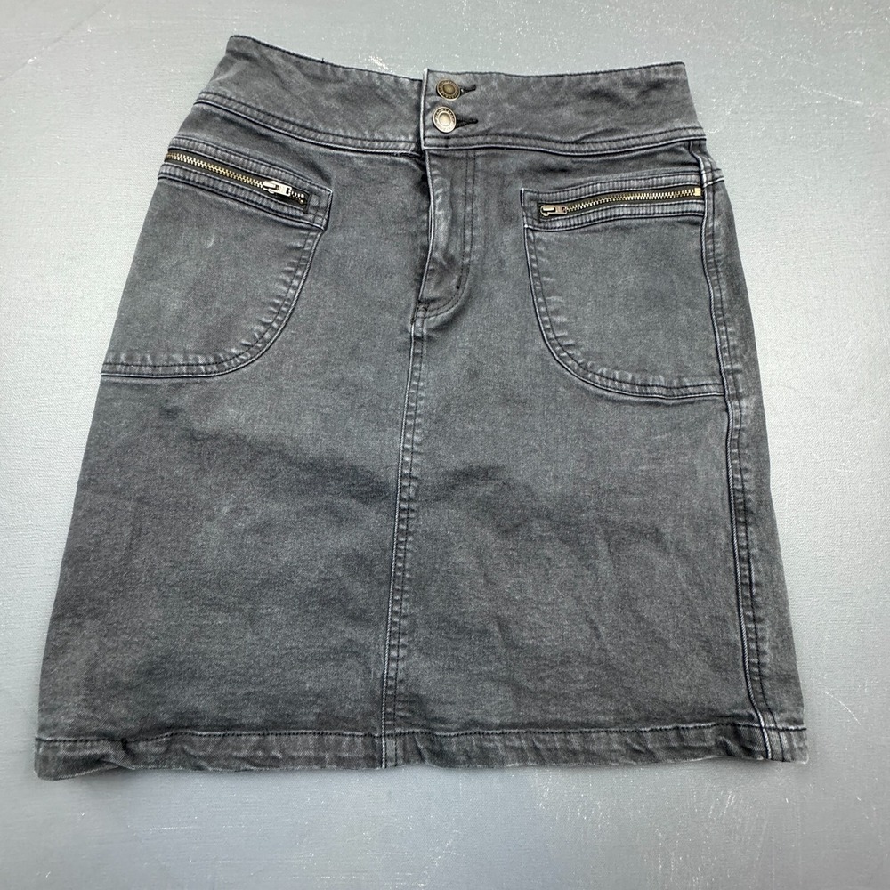 Prana Denim Skirt Women's 6 Gray Zip Pockets Stretch Casual Classic Boho Mini